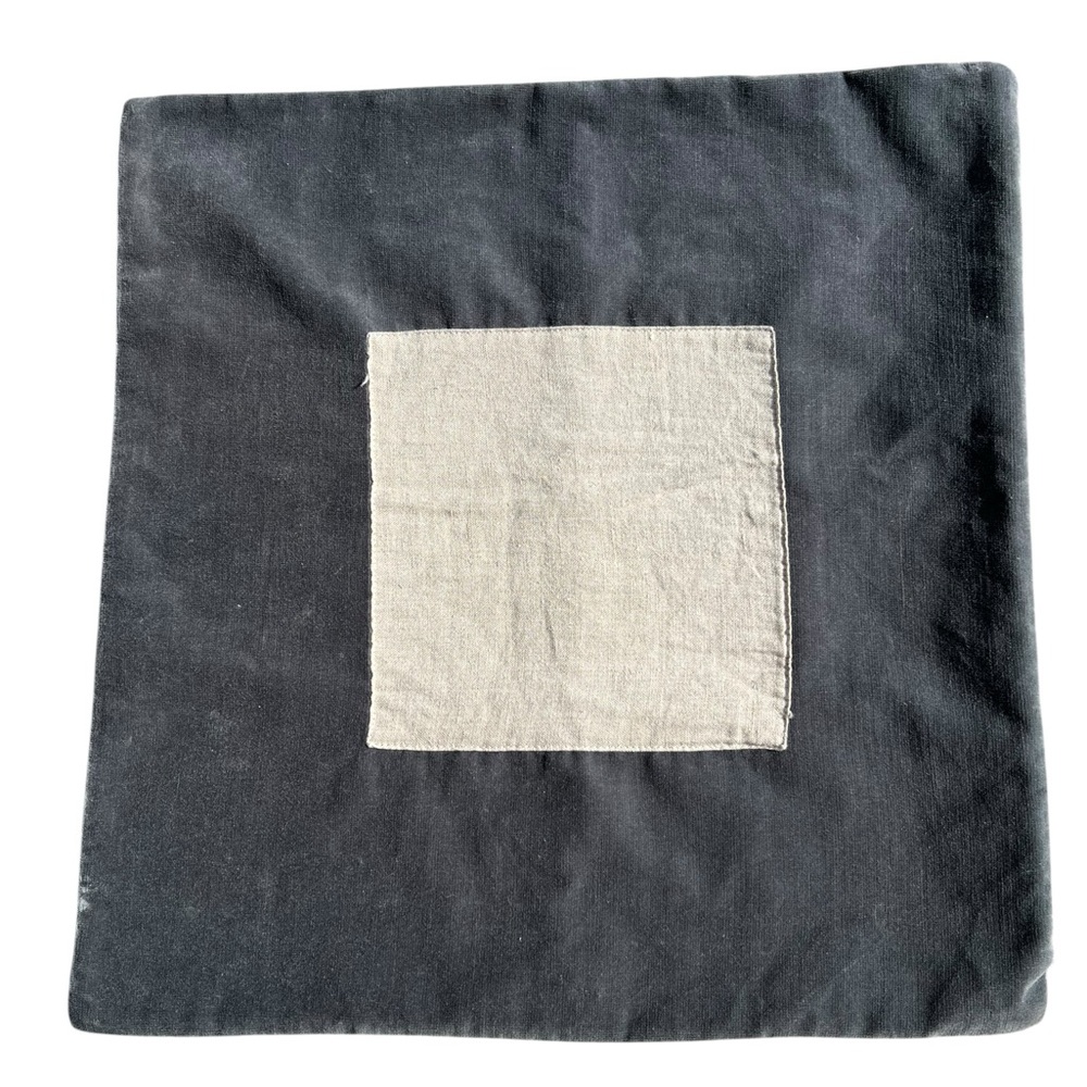 POTTERY BARN Blue-Gray‎ Velvet & Linen Pillow Cover w/Monogrammable Square Patch